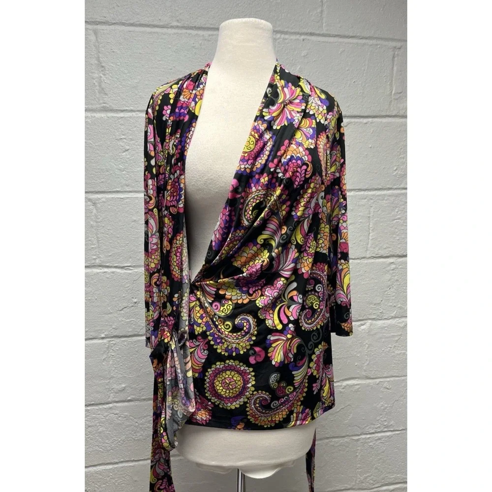 Carmen Marc Valvo Y2K Paisley Retro Wrap Top Large Pink Purple Black Slinky - Picture 6 of 9